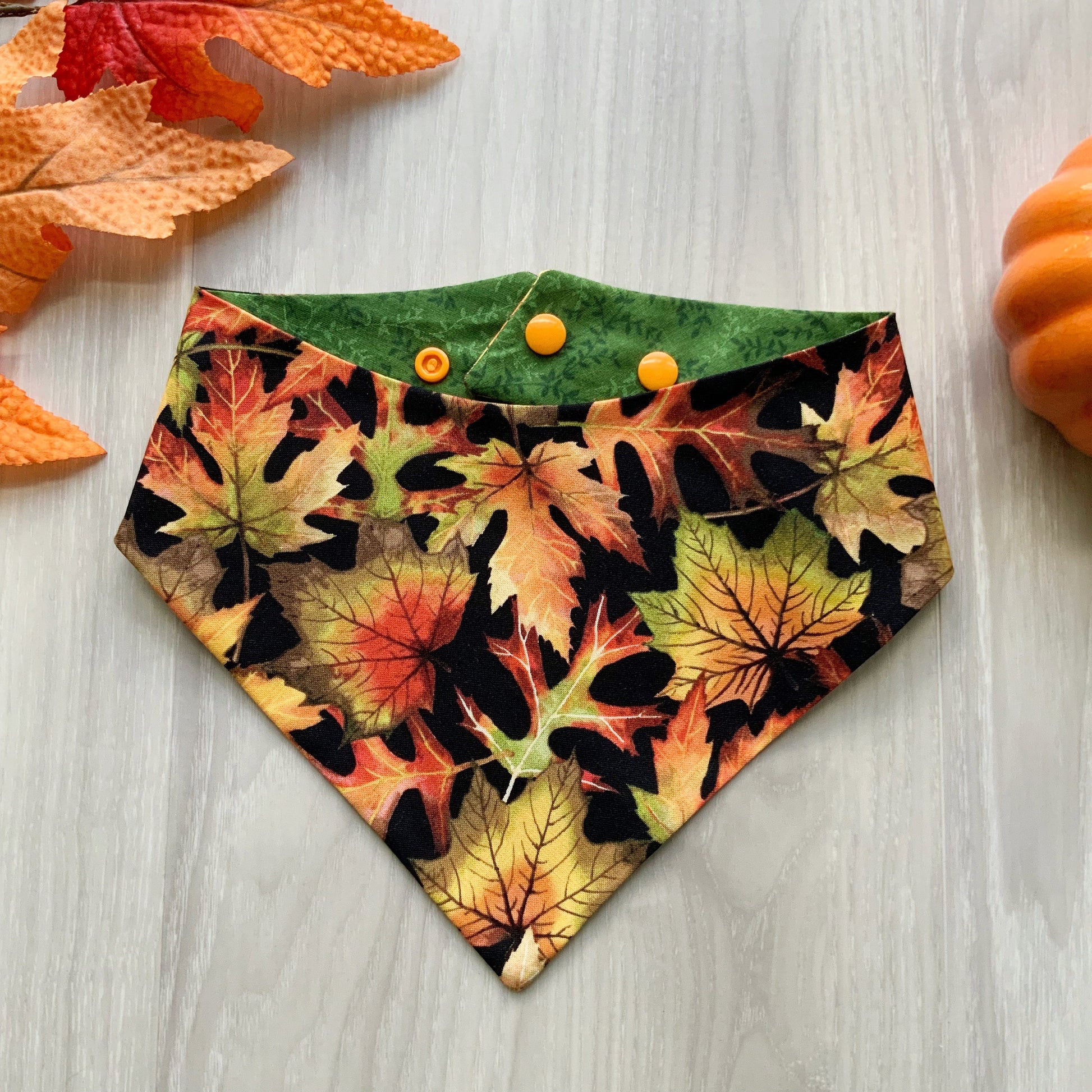 Fall Leaves Dog Bandana with Matching Bow, Snap On Autumn Scarf
