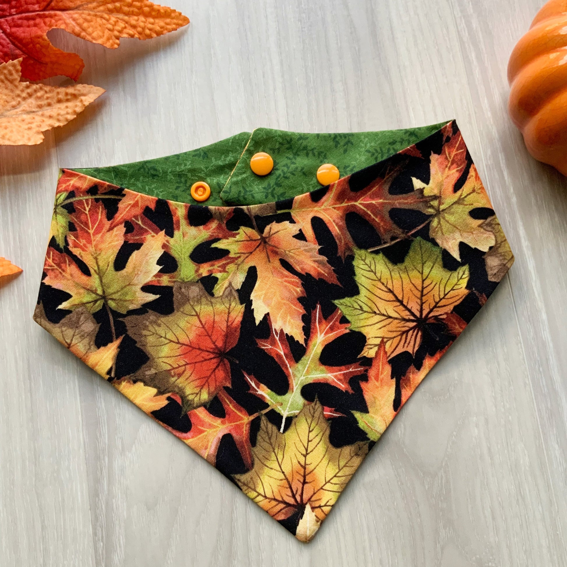 Fall Leaves Dog Bandana with Matching Bow, Snap On Autumn Scarf