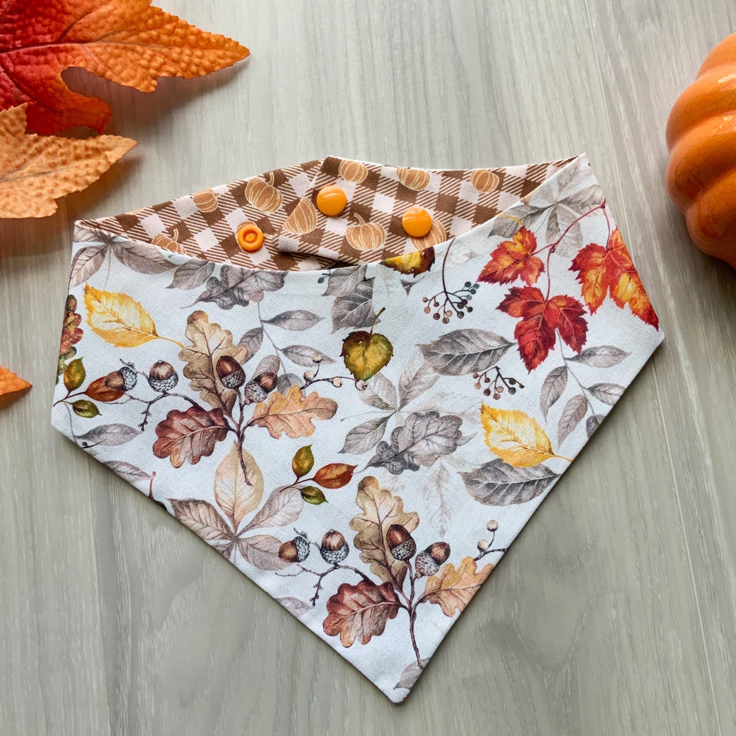 Fall Leaves Dog Bandana, Plaid Pumpkin, Snap-On, Reversible