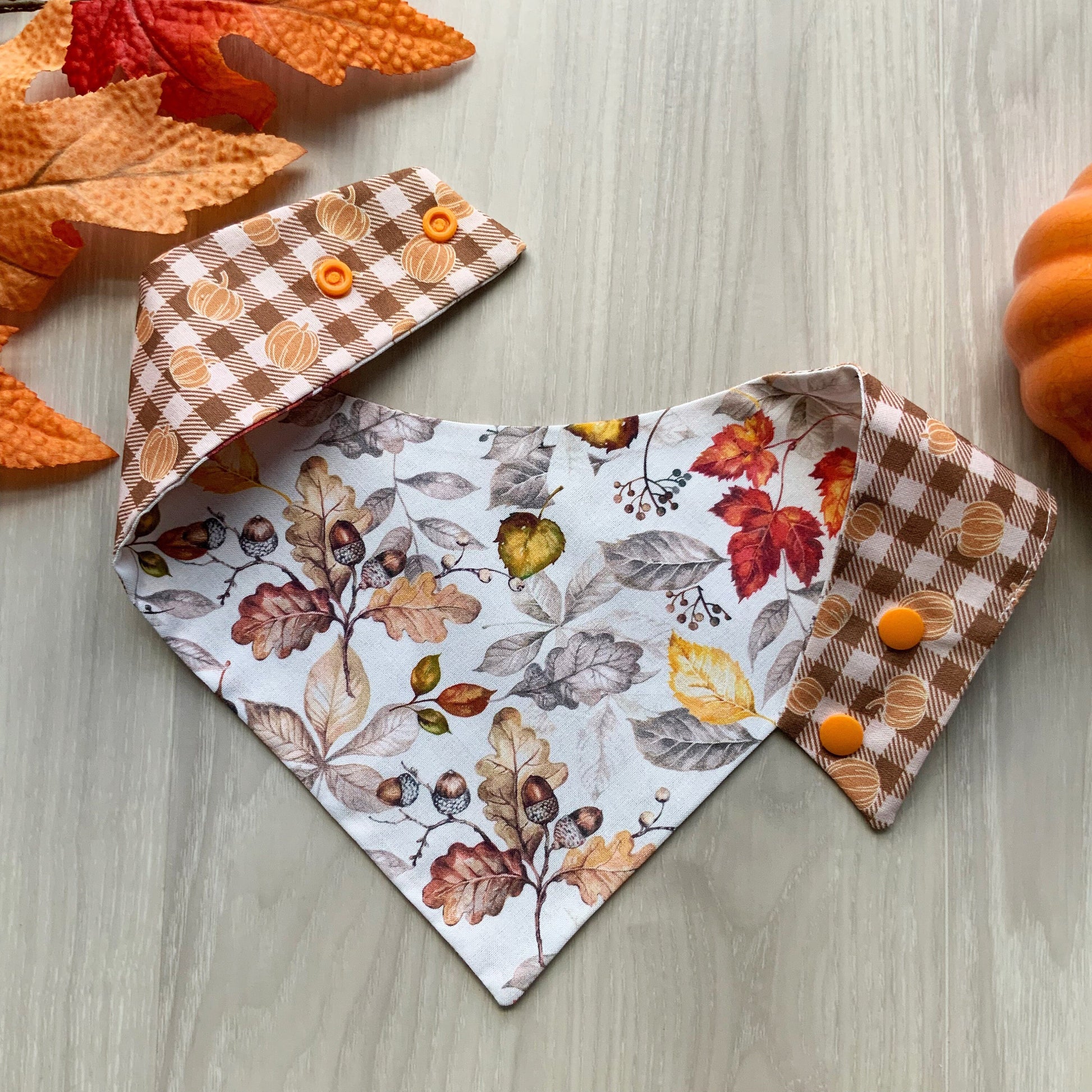 Fall Leaves Dog Bandana, Plaid Pumpkin, Snap-On, Reversible