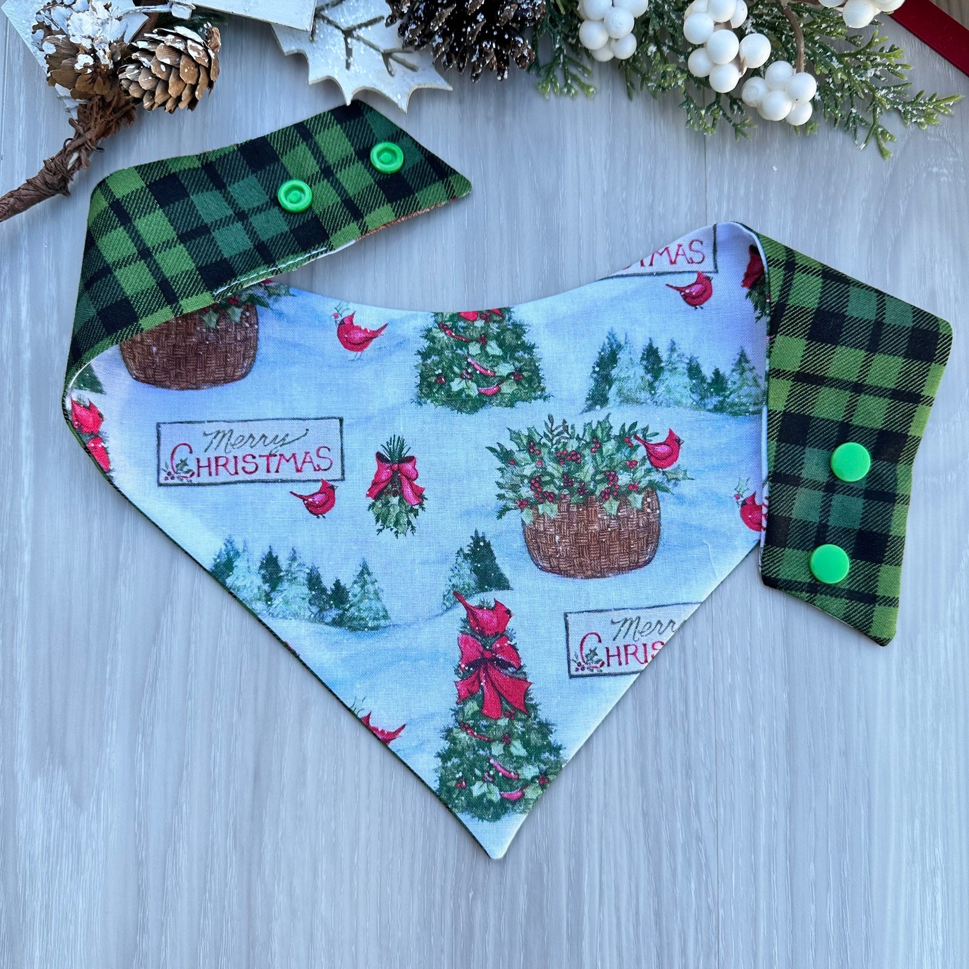 Christmas Dog Bandana, Green Plaid Reversible Scarf, Matching Bow