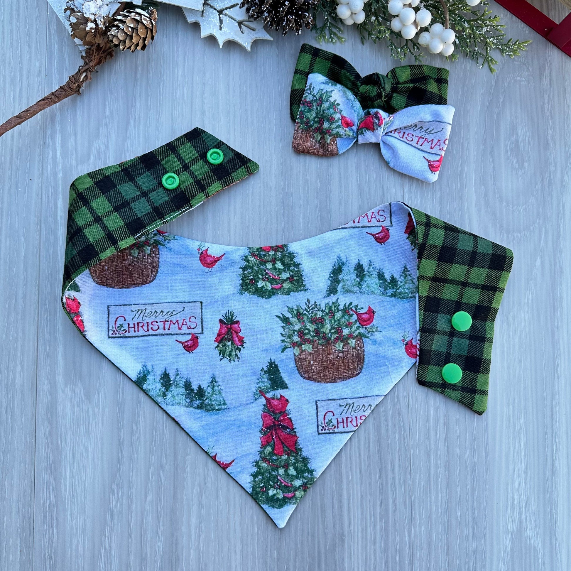 Christmas Dog Bandana, Green Plaid Reversible Scarf, Matching Bow