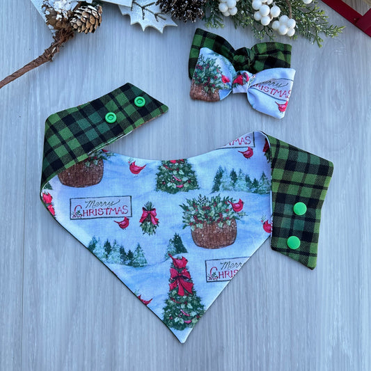 Christmas Dog Bandana, Green Plaid Reversible Scarf, Matching Bow