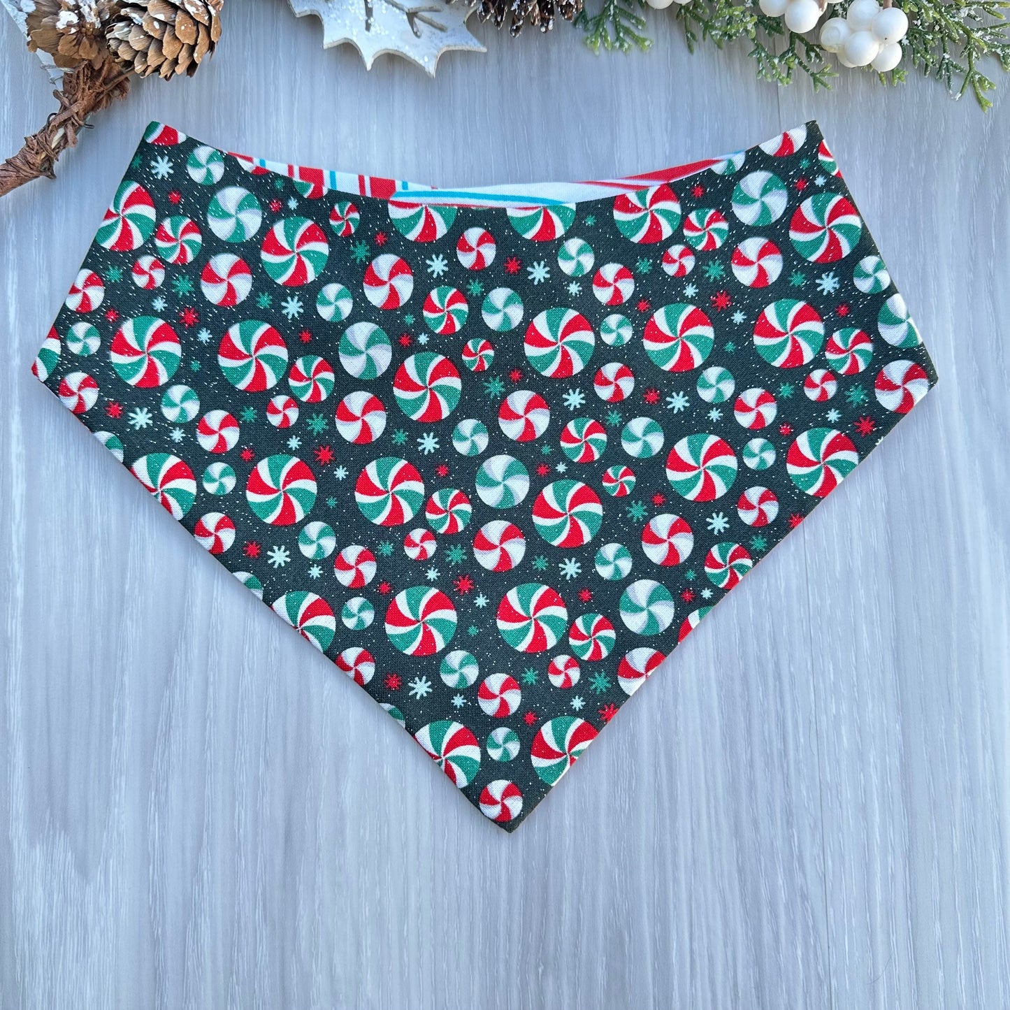 Christmas Dog Bandana, Candy Print Reversible Snap Scarf, Matching Hair Bow