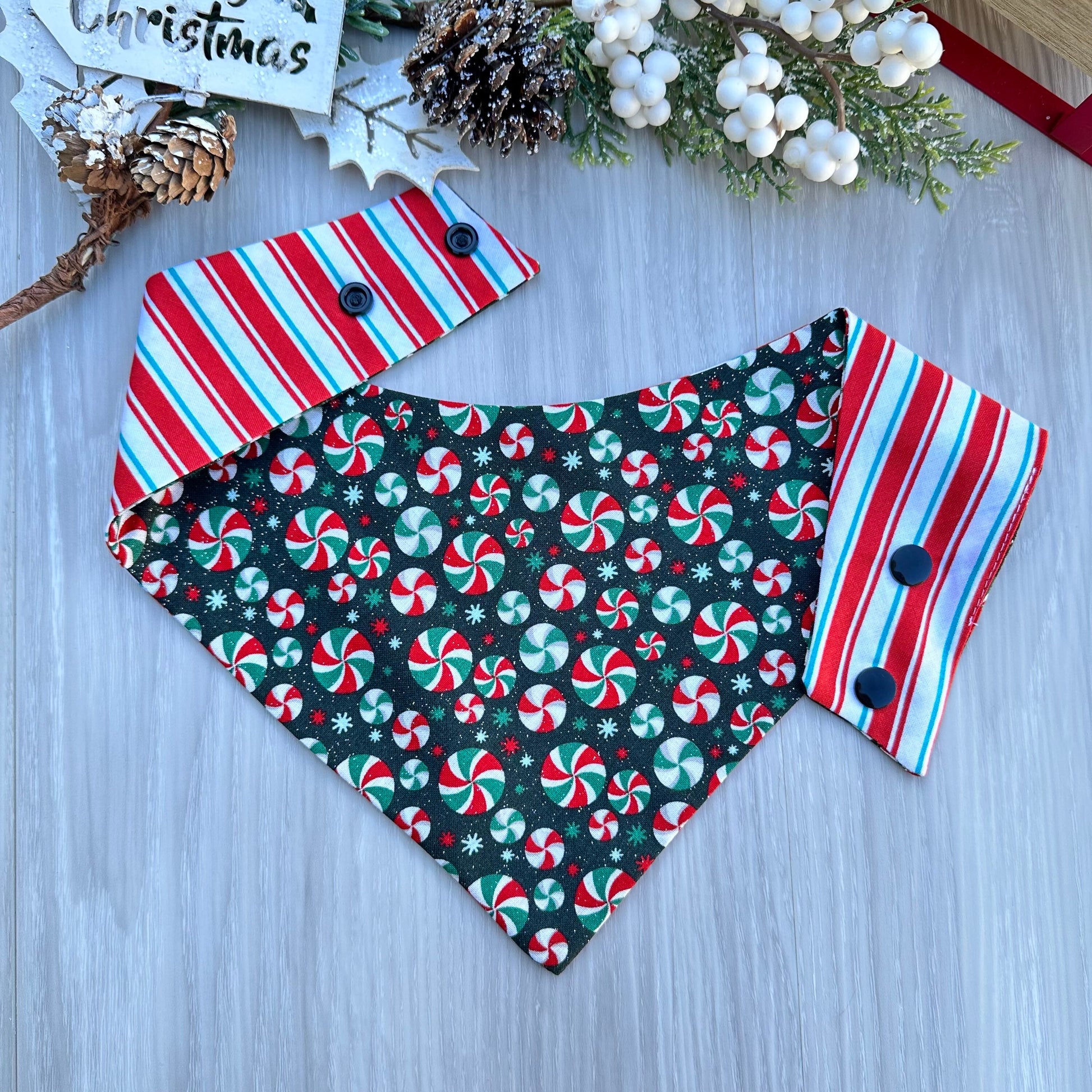 Christmas Dog Bandana, Candy Print Reversible Snap Scarf, Matching Hair Bow