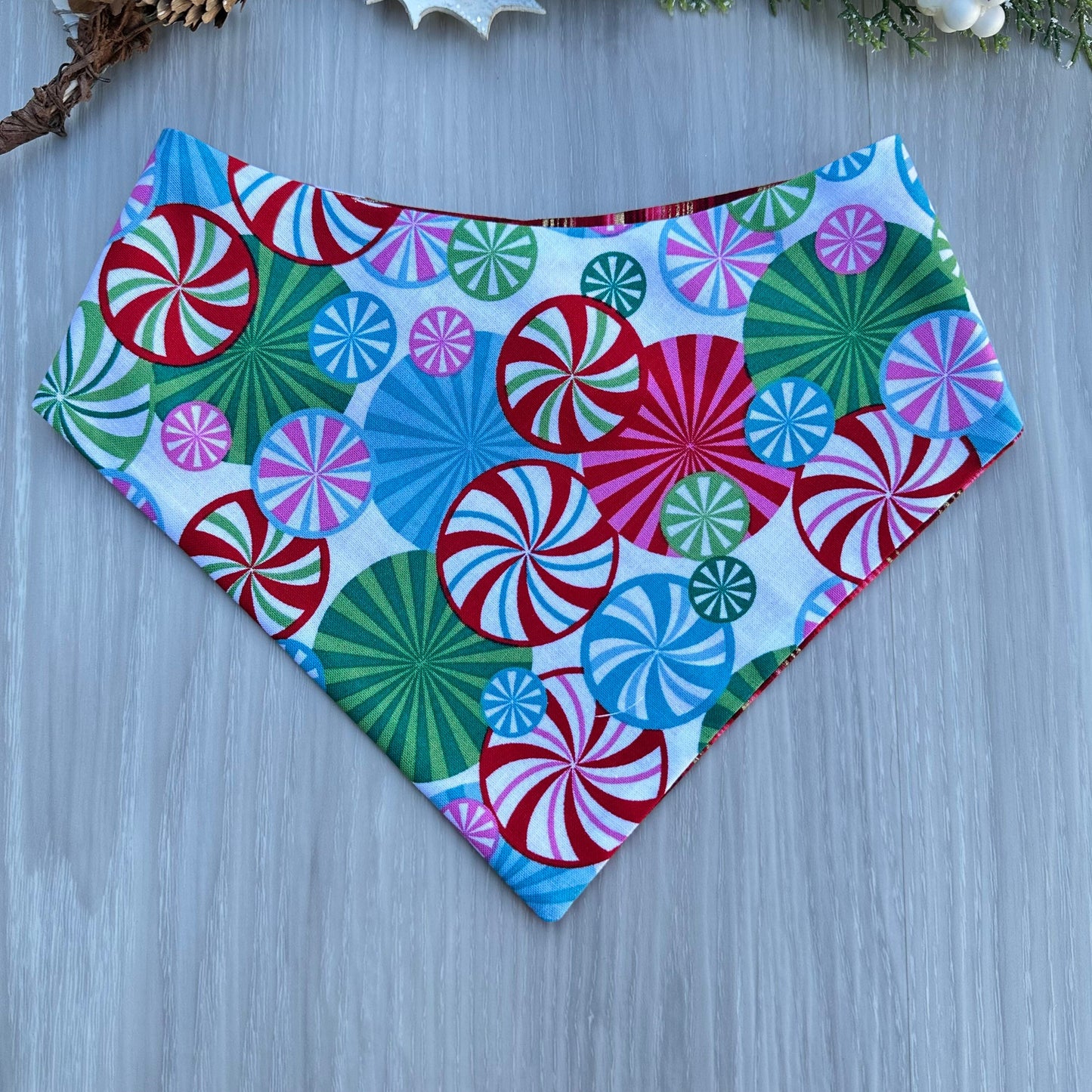 Christmas Candy Mint Dog Bandana, Reversible Snap Scarf, Matching Bow