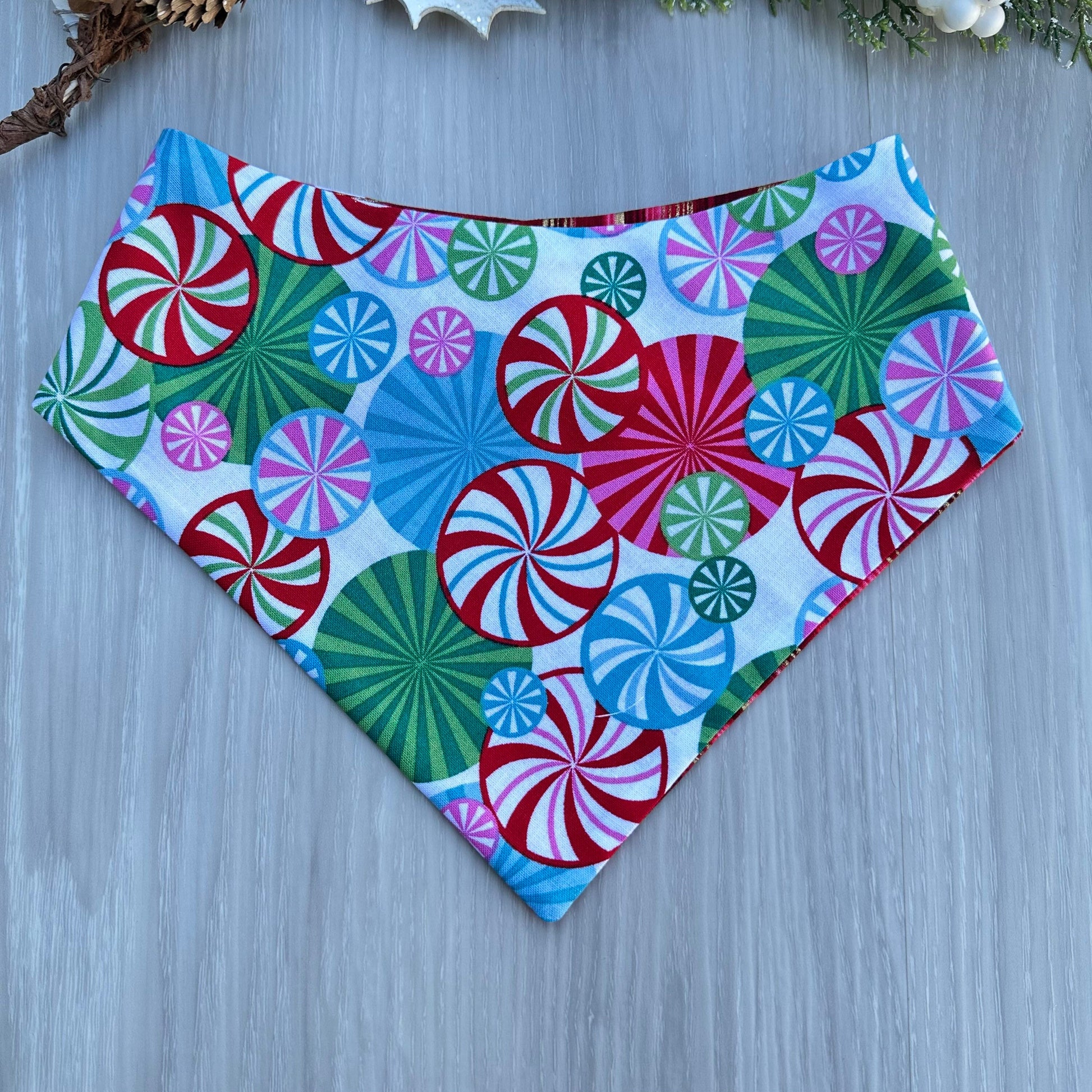 Christmas Candy Mint Dog Bandana, Reversible Snap Scarf, Matching Bow