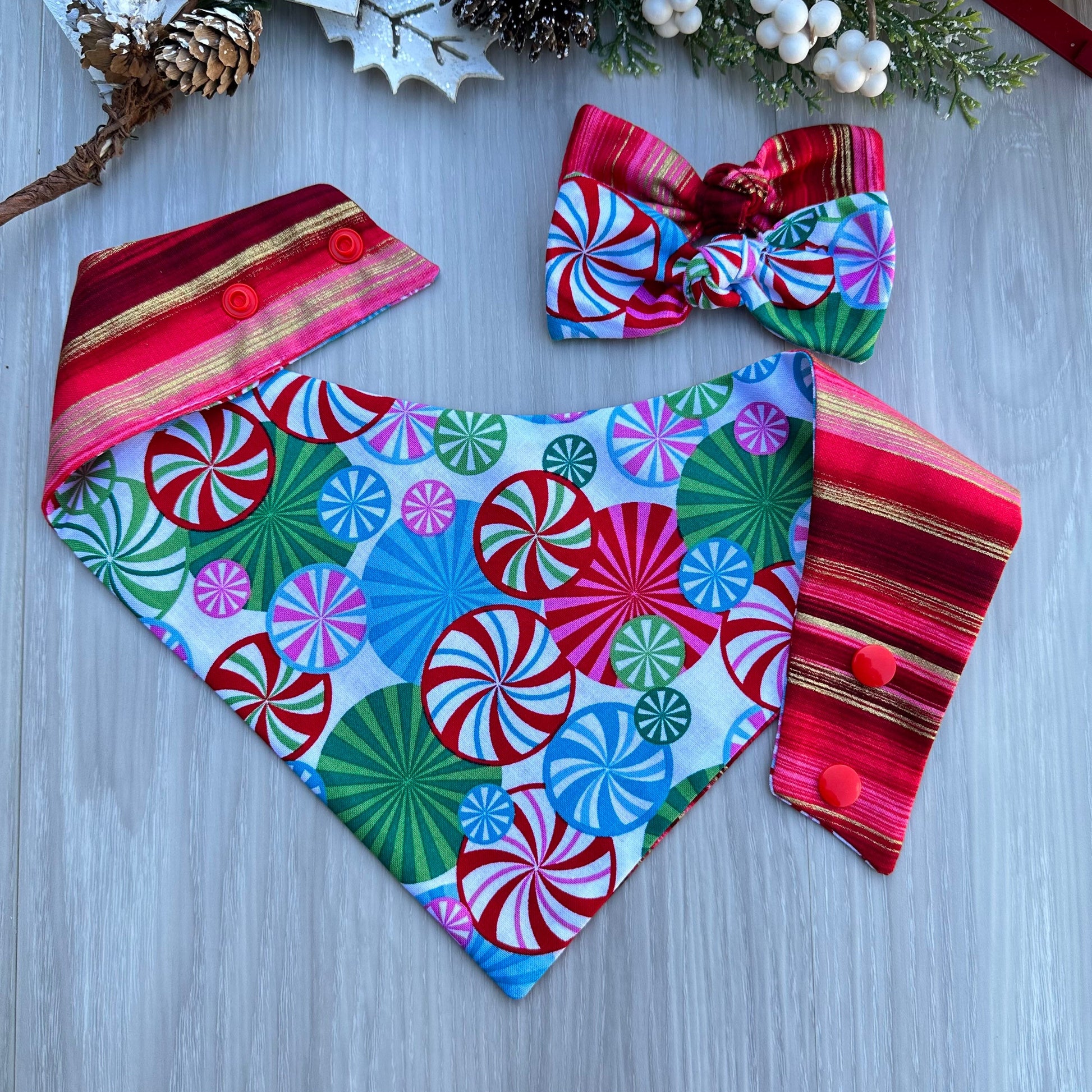 Christmas Candy Mint Dog Bandana, Reversible Snap Scarf, Matching Bow