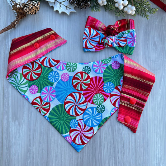 Christmas Candy Mint Dog Bandana, Reversible Snap Scarf, Matching Bow