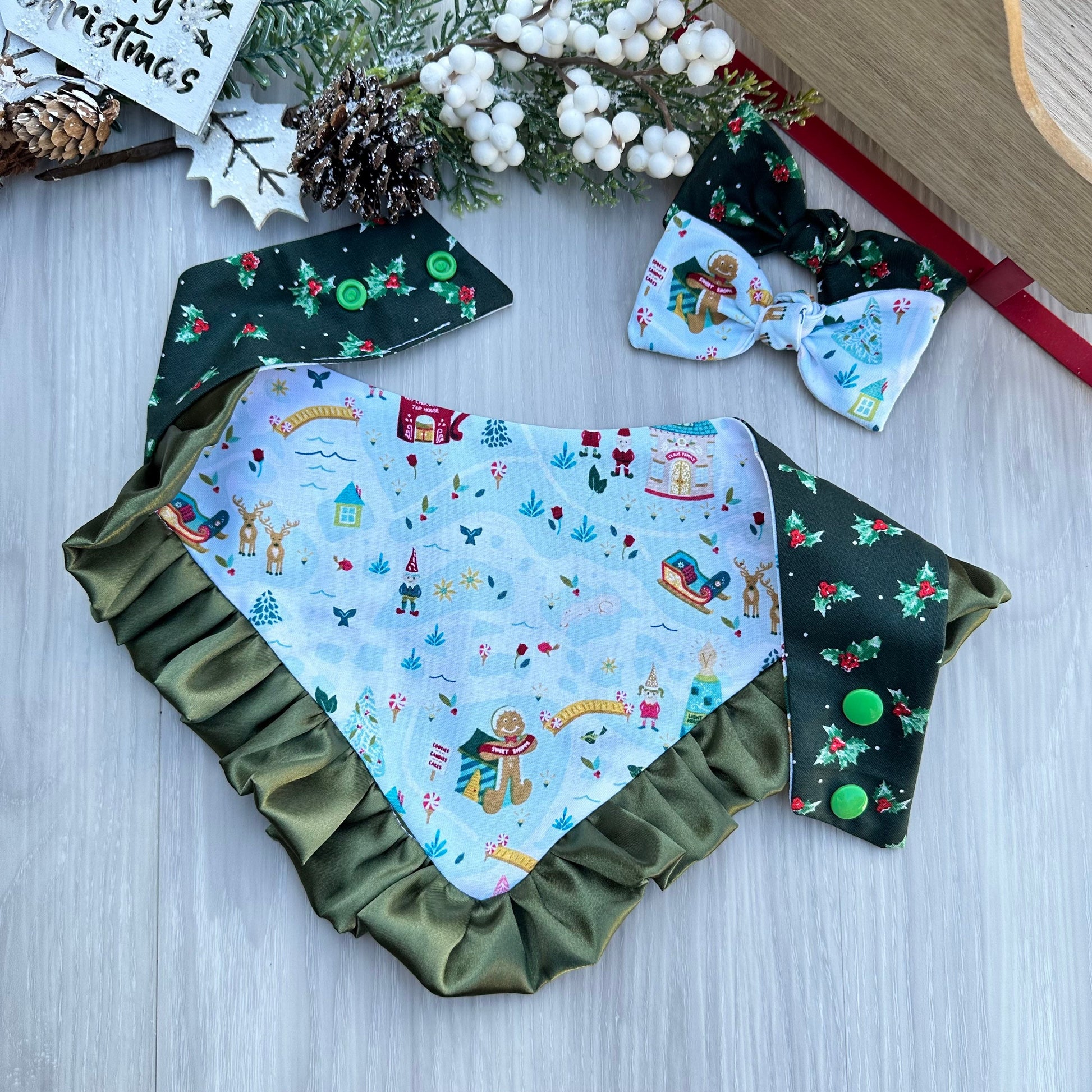 Christmas Dog Bandana, Snow Ginger, Reversible Snap Scarf, Matching Hair Bow