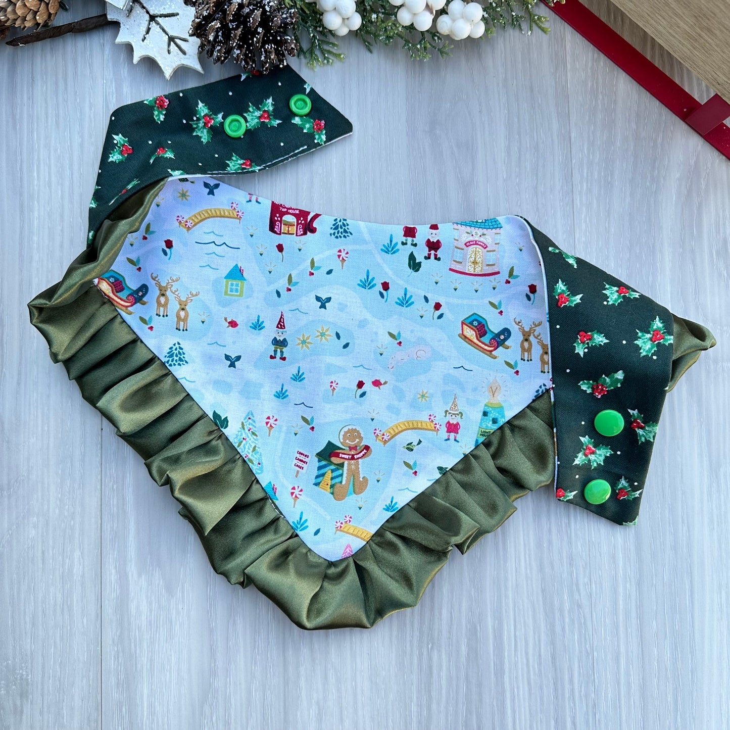 Christmas Dog Bandana, Snow Ginger, Reversible Snap Scarf, Matching Hair Bow