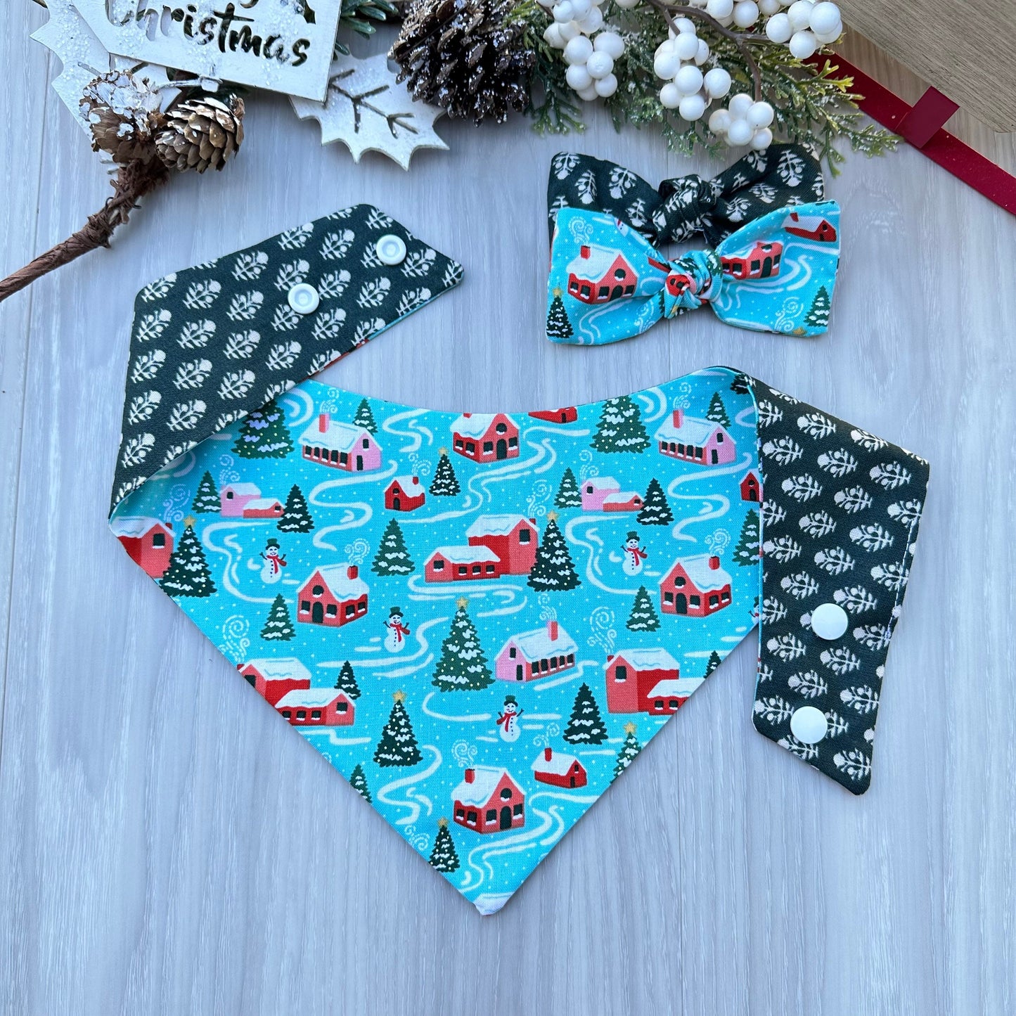 Reversible Christmas Dog Bandana, Holiday Pet Scarf with Matching Bow