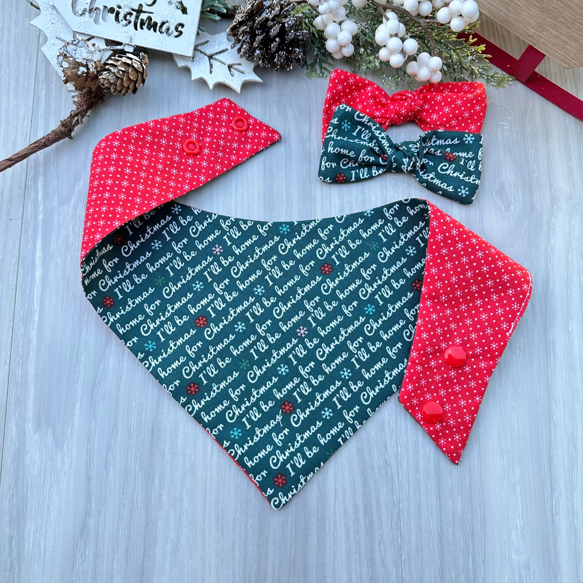 Christmas Dog Bandana, Reversible Holiday Scarf with Matching Bow