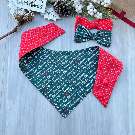 Christmas Dog Bandana, Reversible Holiday Scarf with Matching Bow