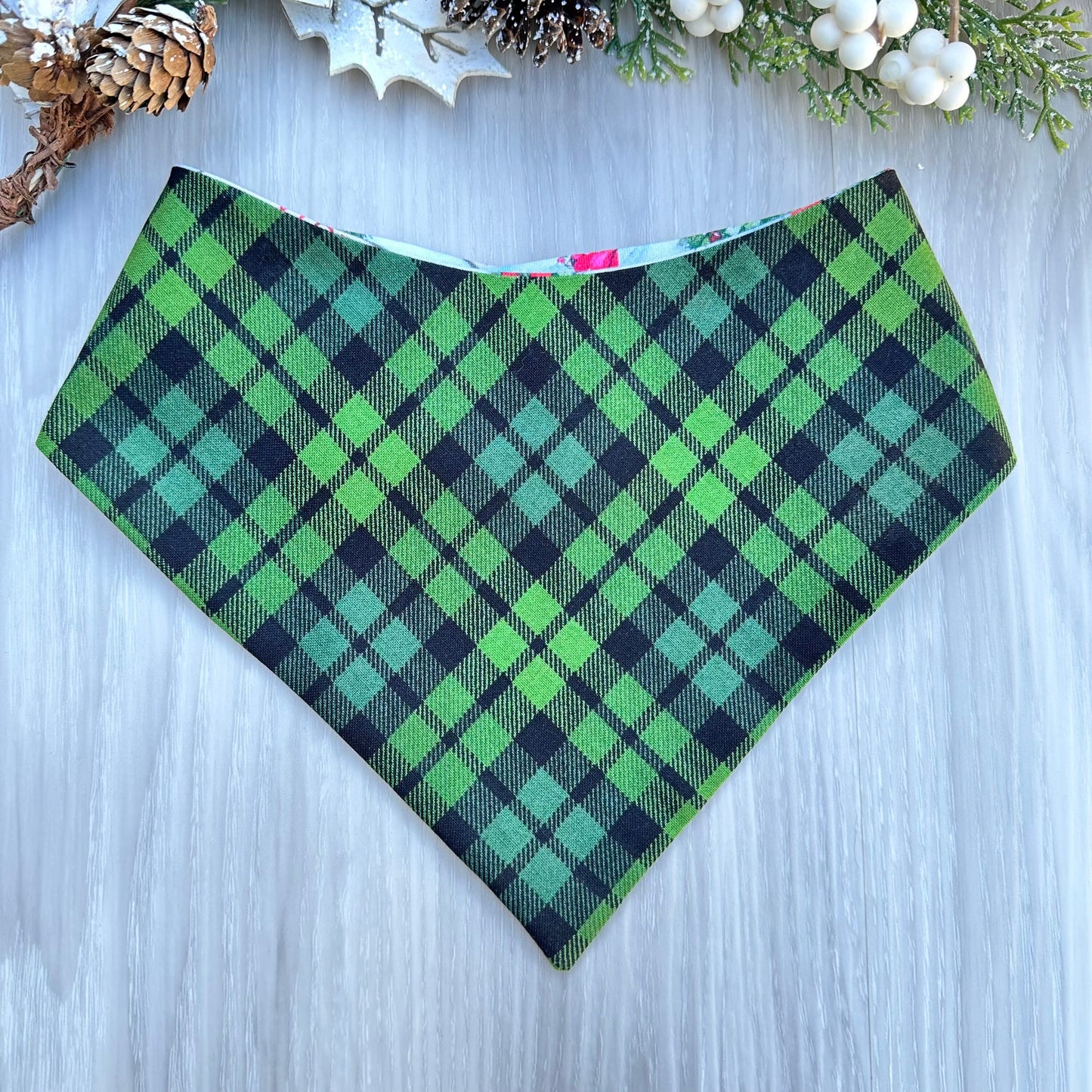 Christmas Dog Bandana, Green Plaid Reversible Scarf, Matching Bow
