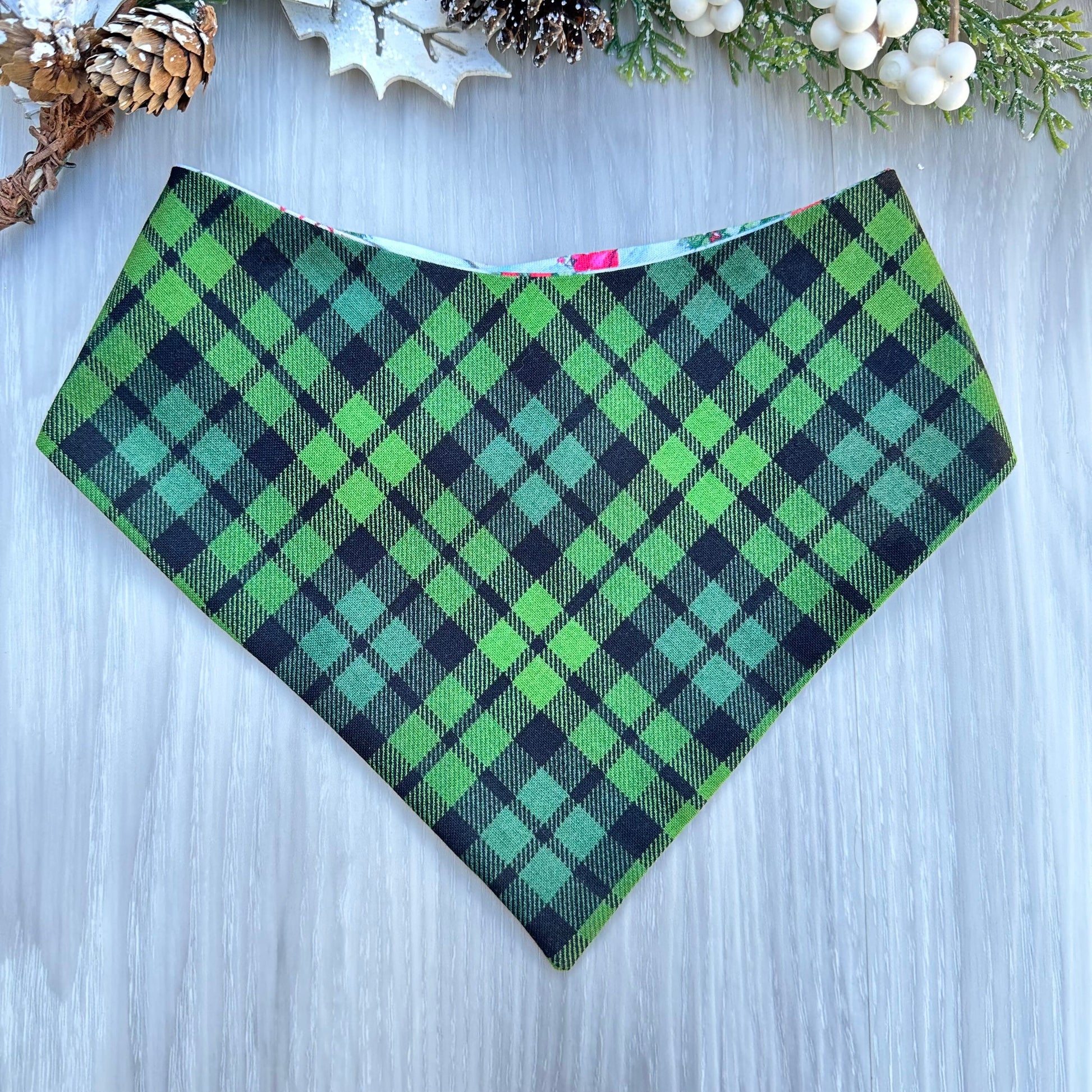 Christmas Dog Bandana, Green Plaid Reversible Scarf, Matching Bow
