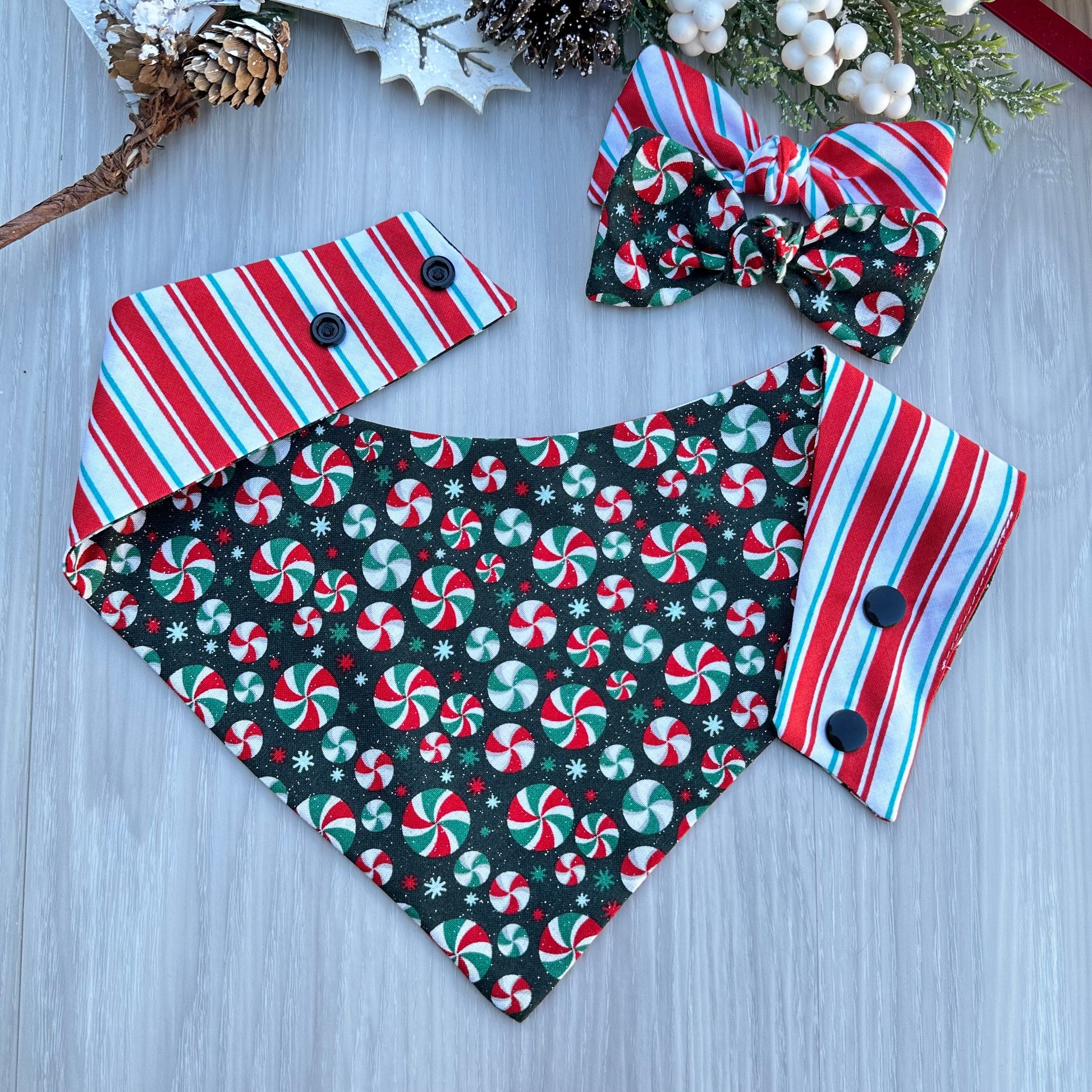 Christmas Dog Bandana, Candy Print Reversible Snap Scarf, Matching Hair Bow