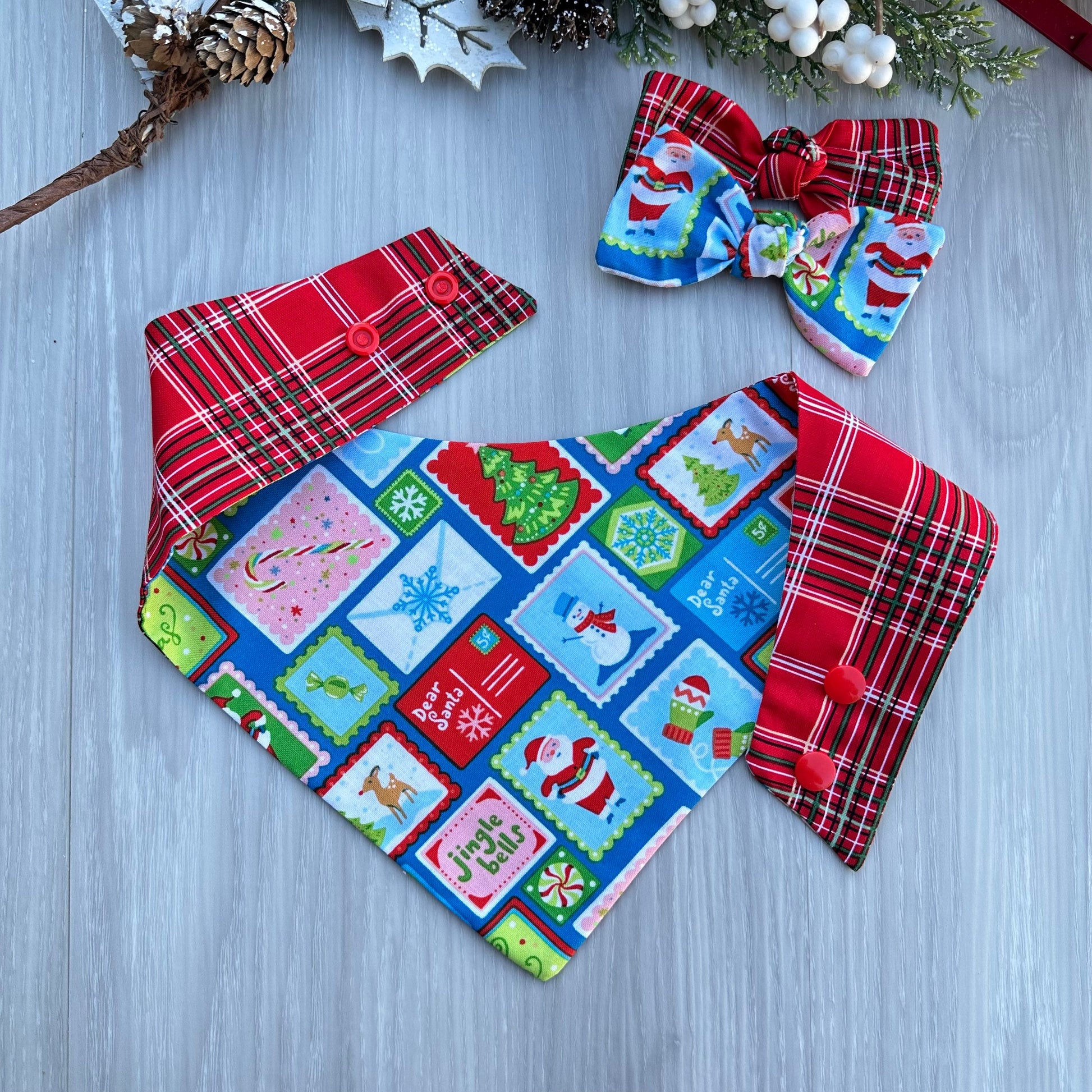 Christmas Dog Bandana, Santa Mail Reversible Scarf, Pet Hair-Bow