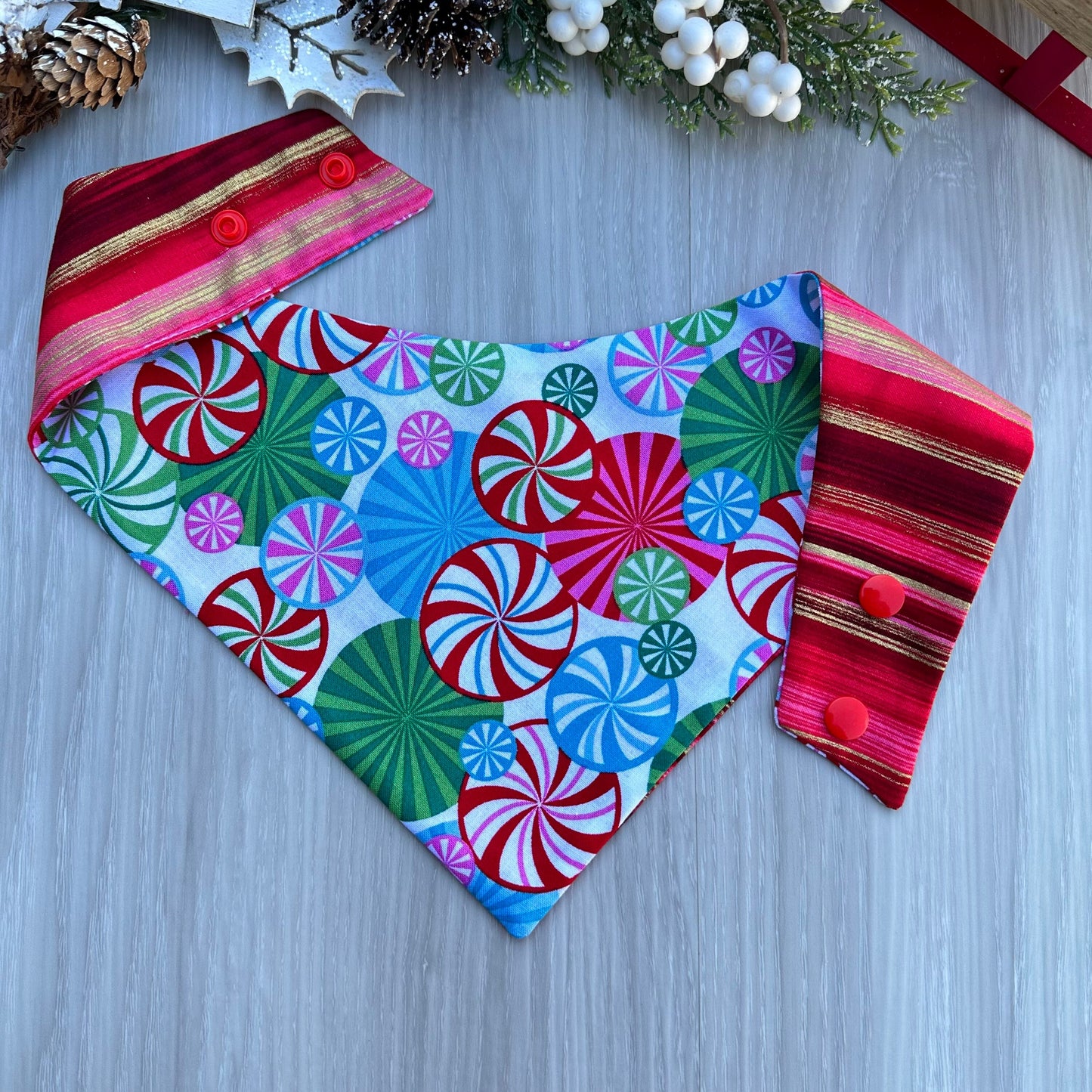 Christmas Candy Mint Dog Bandana, Reversible Snap Scarf, Matching Bow