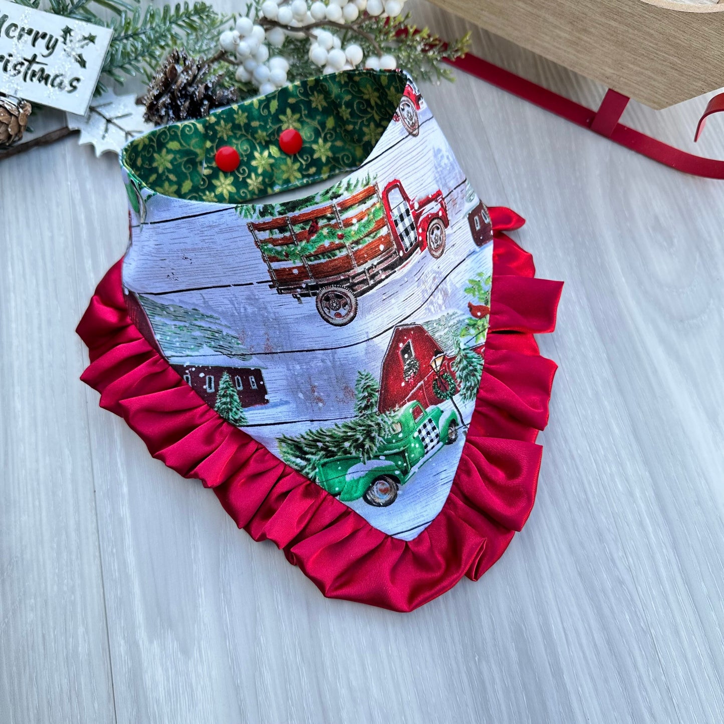 Christmas Dog Bandana, Green Truck, Reversible Holiday Scarf