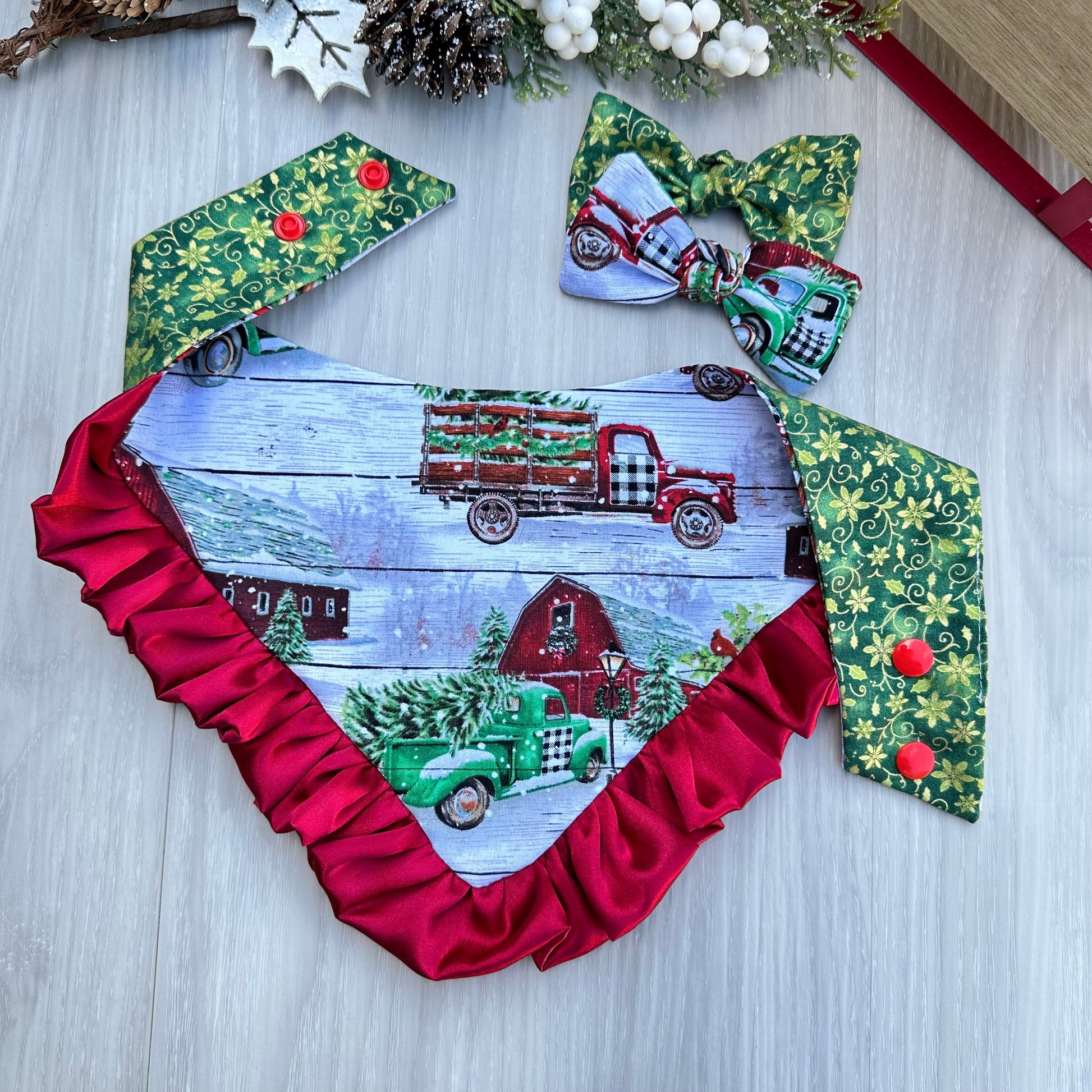 Christmas Dog Bandana, Green Truck, Reversible Holiday Scarf