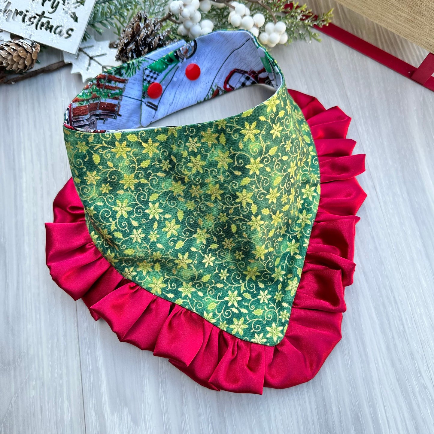 Christmas Dog Bandana, Green Truck, Reversible Holiday Scarf