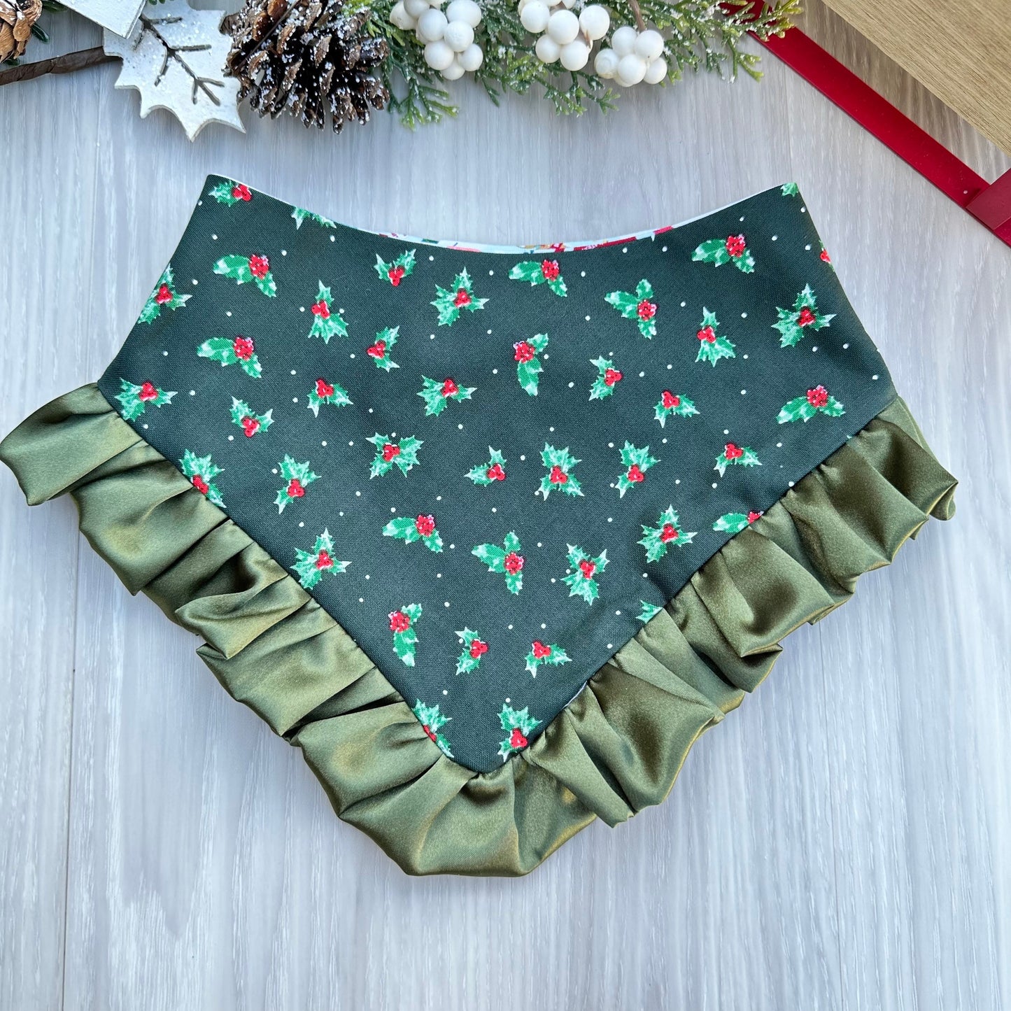 Christmas Dog Bandana, Snow Ginger, Reversible Snap Scarf, Matching Hair Bow