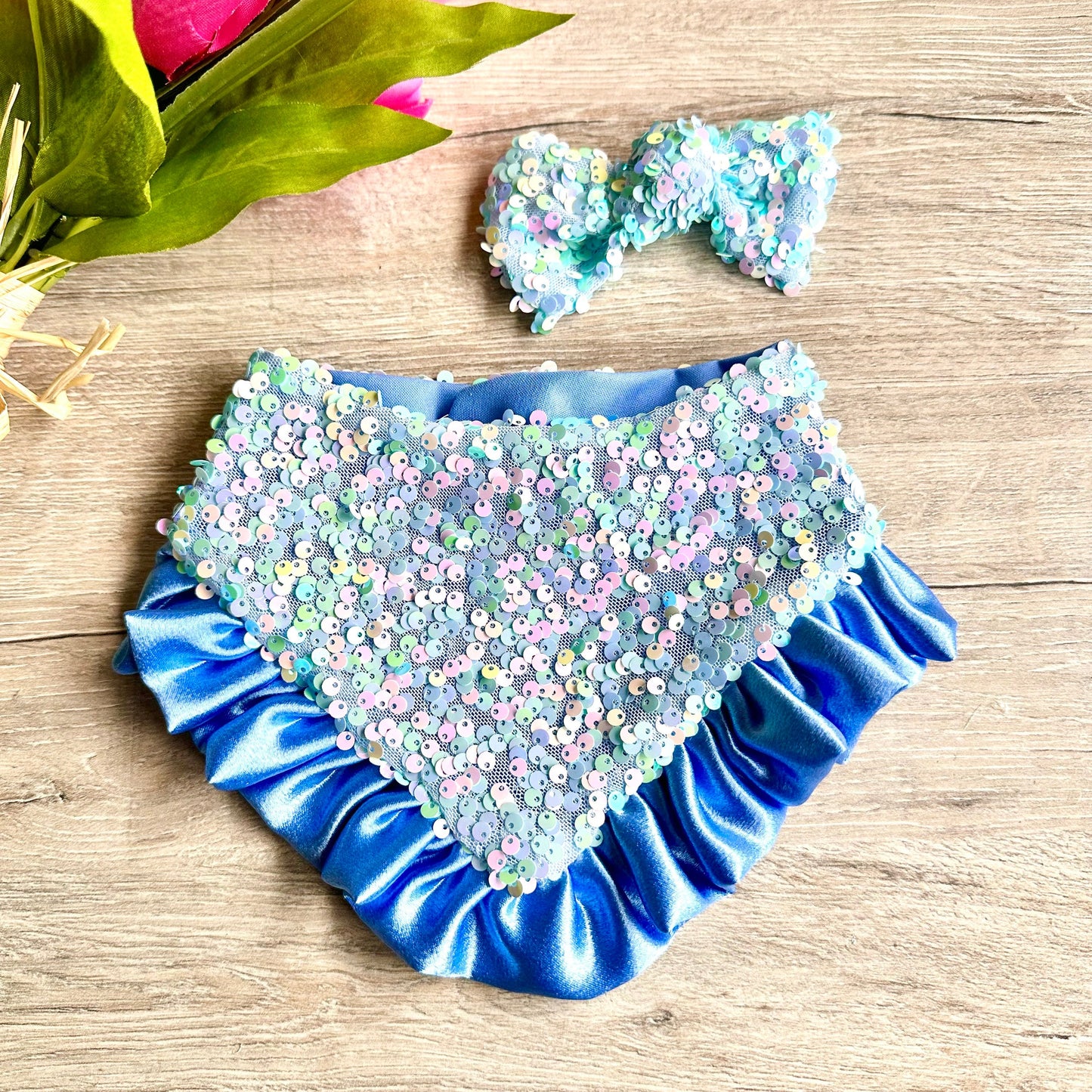 Spring Dog bandana, Blue Mist Sequins Reversible Snap on Bandana with satin ruffle, Easter puppy dog scarf, Tiny bandana for dogs and cat