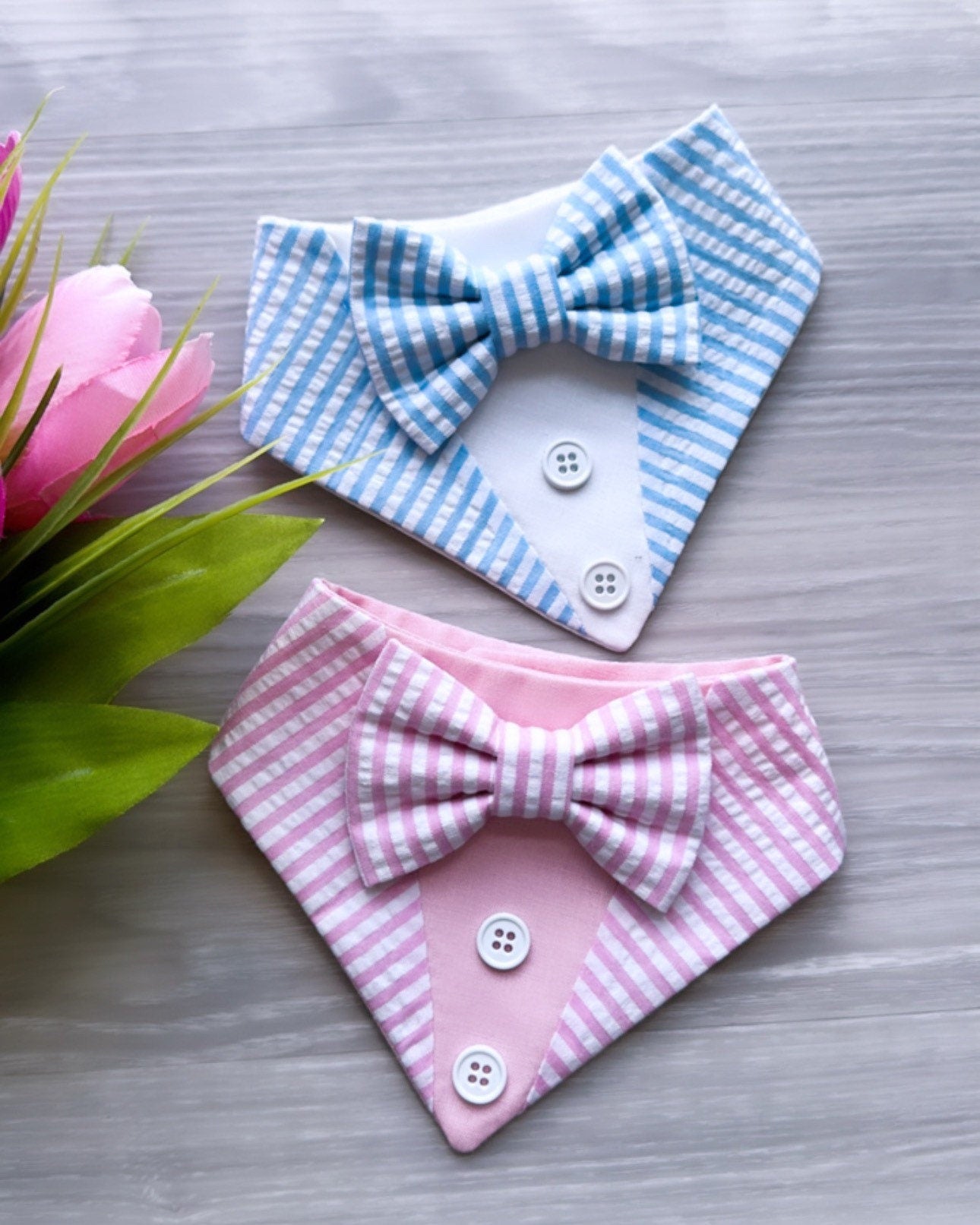 Tuxedo dog bandana, seersucker pink and blue Dog bandana with Snaps, Pet scarf gift, Spring dog scarf, Dog Bowtie, fancy Bandana,