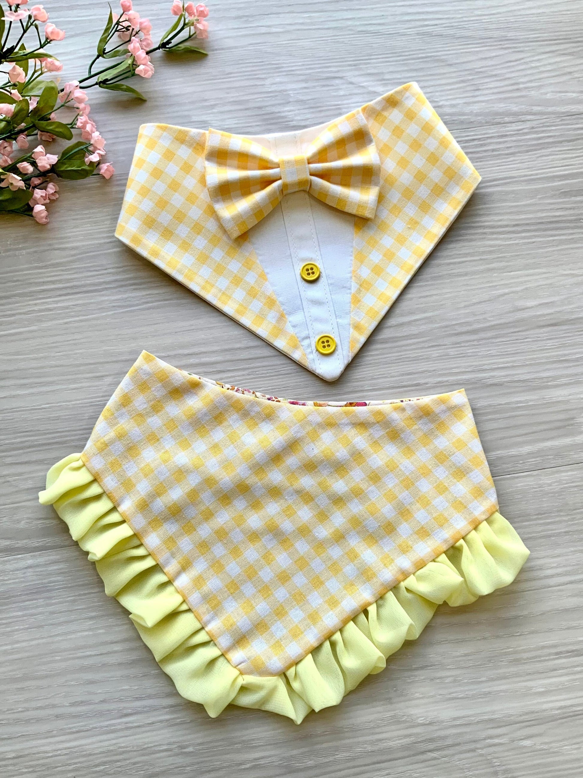 Spring Dog bandana with ruffles, Yellow Gingham Floral, Snap on Bandana, Matching hair-bow, Bow and Bandana, Floral bandana, Cat accessories