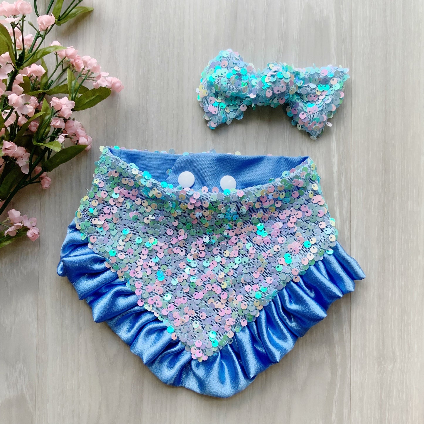 Spring Dog bandana, Blue Mist Sequins Reversible Snap on Bandana with satin ruffle, Easter puppy dog scarf, Tiny bandana for dogs and cat