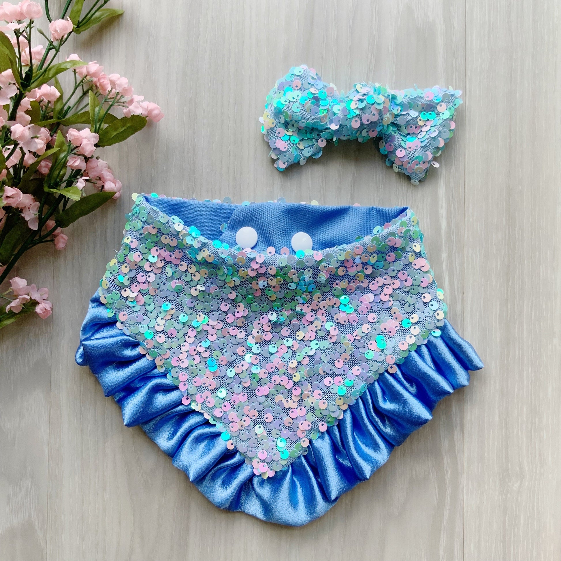 Spring Dog bandana, Blue Mist Sequins Reversible Snap on Bandana with satin ruffle, Easter puppy dog scarf, Tiny bandana for dogs and cat