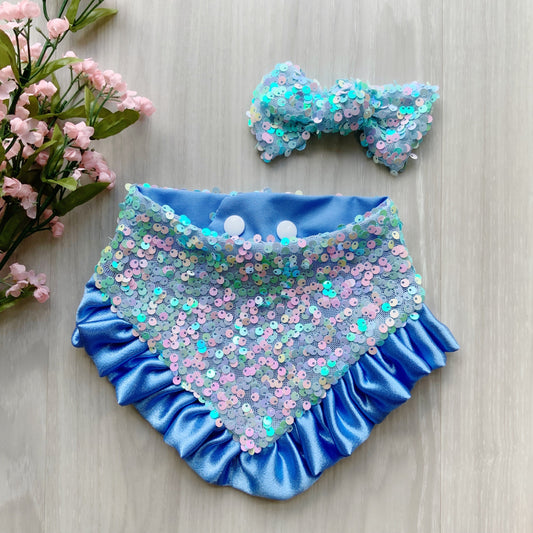 Spring Dog bandana, Blue Mist Sequins Reversible Snap on Bandana with satin ruffle, Easter puppy dog scarf, Tiny bandana for dogs and cat