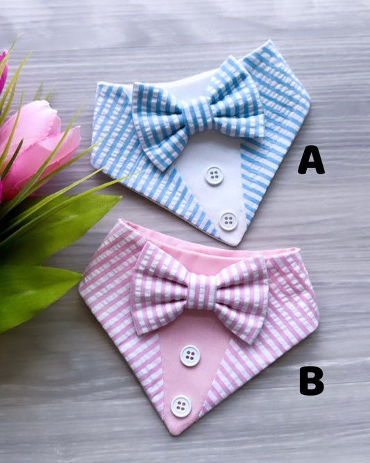 Tuxedo dog bandana, seersucker pink and blue Dog bandana with Snaps, Pet scarf gift, Spring dog scarf, Dog Bowtie, fancy Bandana,