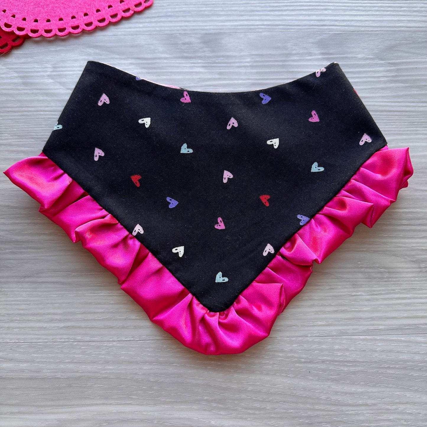 Valentines Ruffle Dog Bandana, Pink Polka Dot, Snap-on Bow