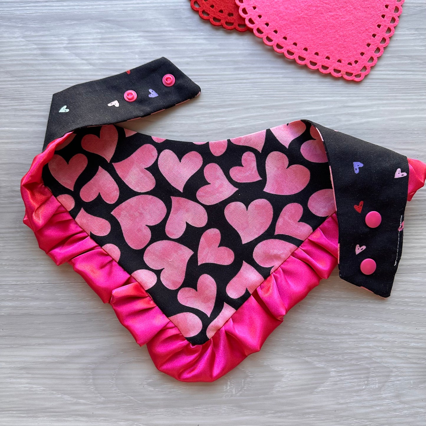 Valentines Ruffle Dog Bandana, Pink Polka Dot, Snap-on Bow