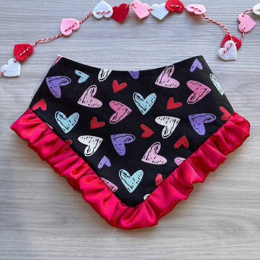 Valentines Dog Bandana with Ruffles, Chalk Hearts, Snap On, Matching Bow