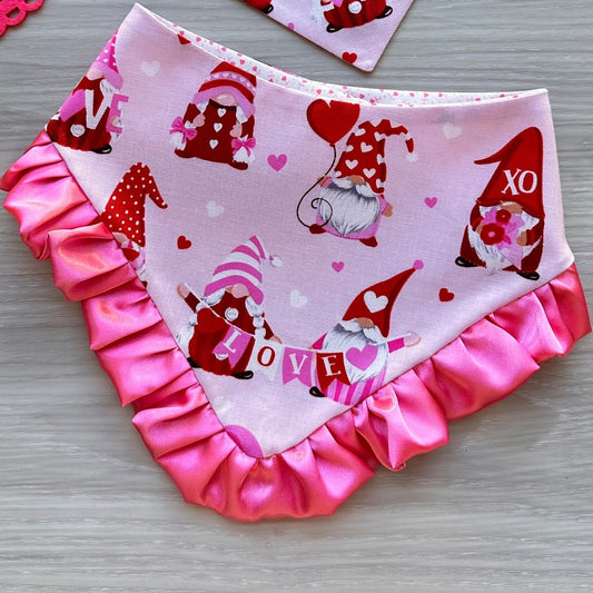 Valentines Dog Bandana, Ruffle Edge, Gnome Love, Snap On