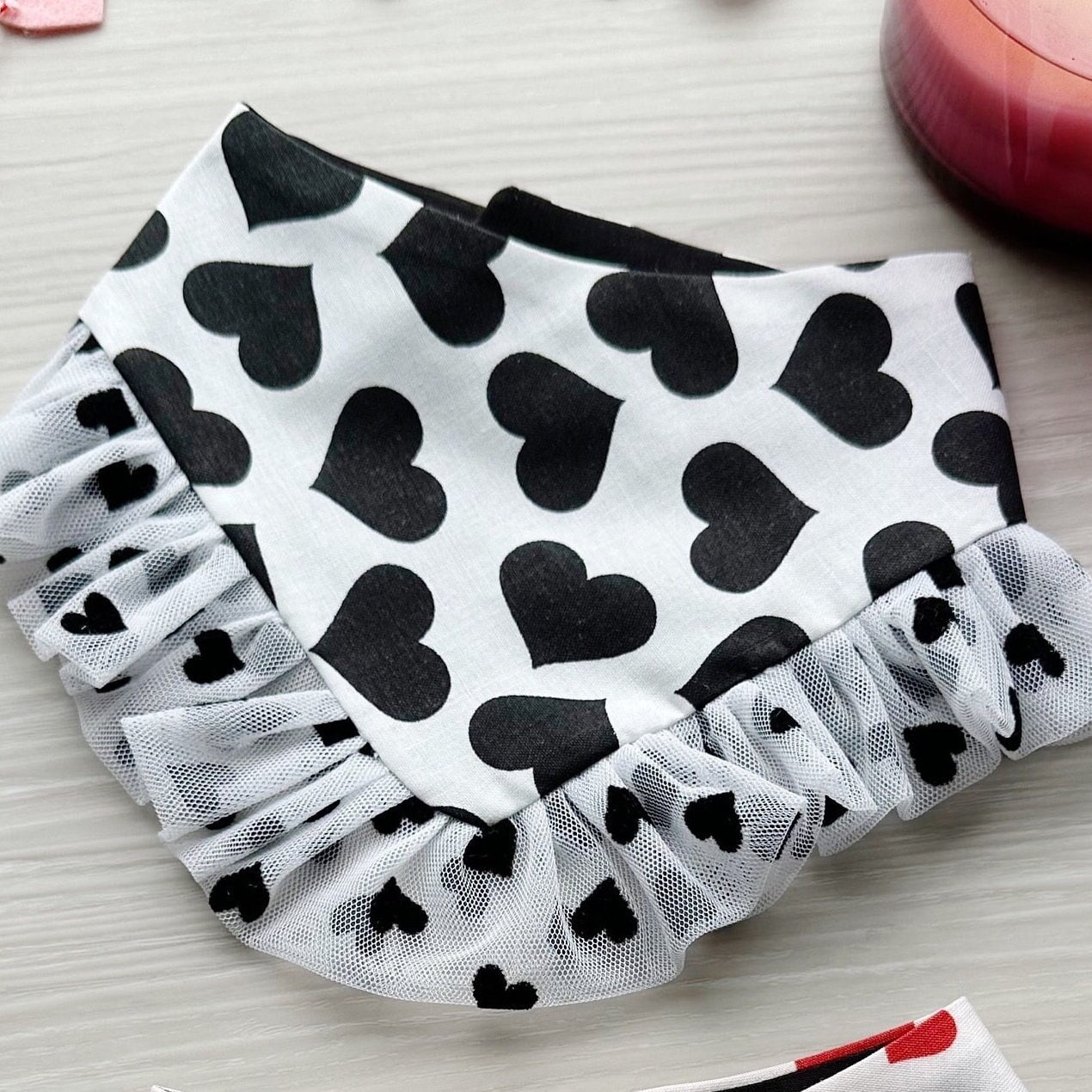 Black Hearts Valentines Dog bandana with ruffles