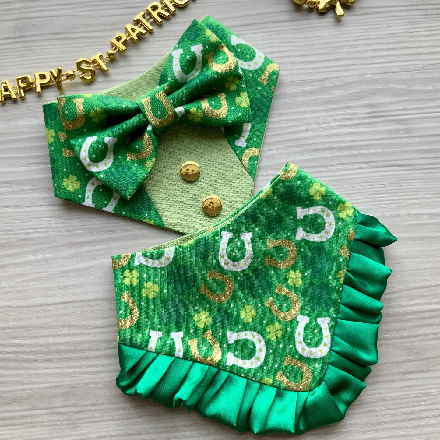 St. Patrick Dog Tuxedo Bandana, Horseshoes lime green