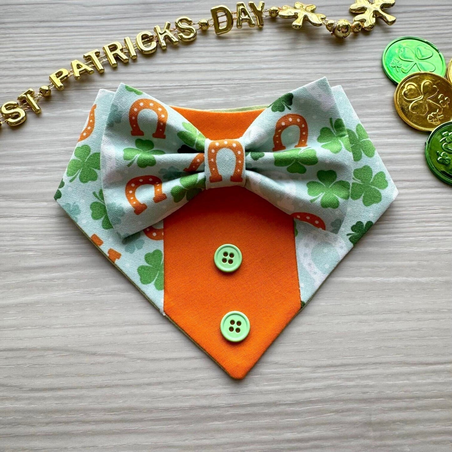 St. Patrick Dog Tuxedo Bandana, Horseshoes orange