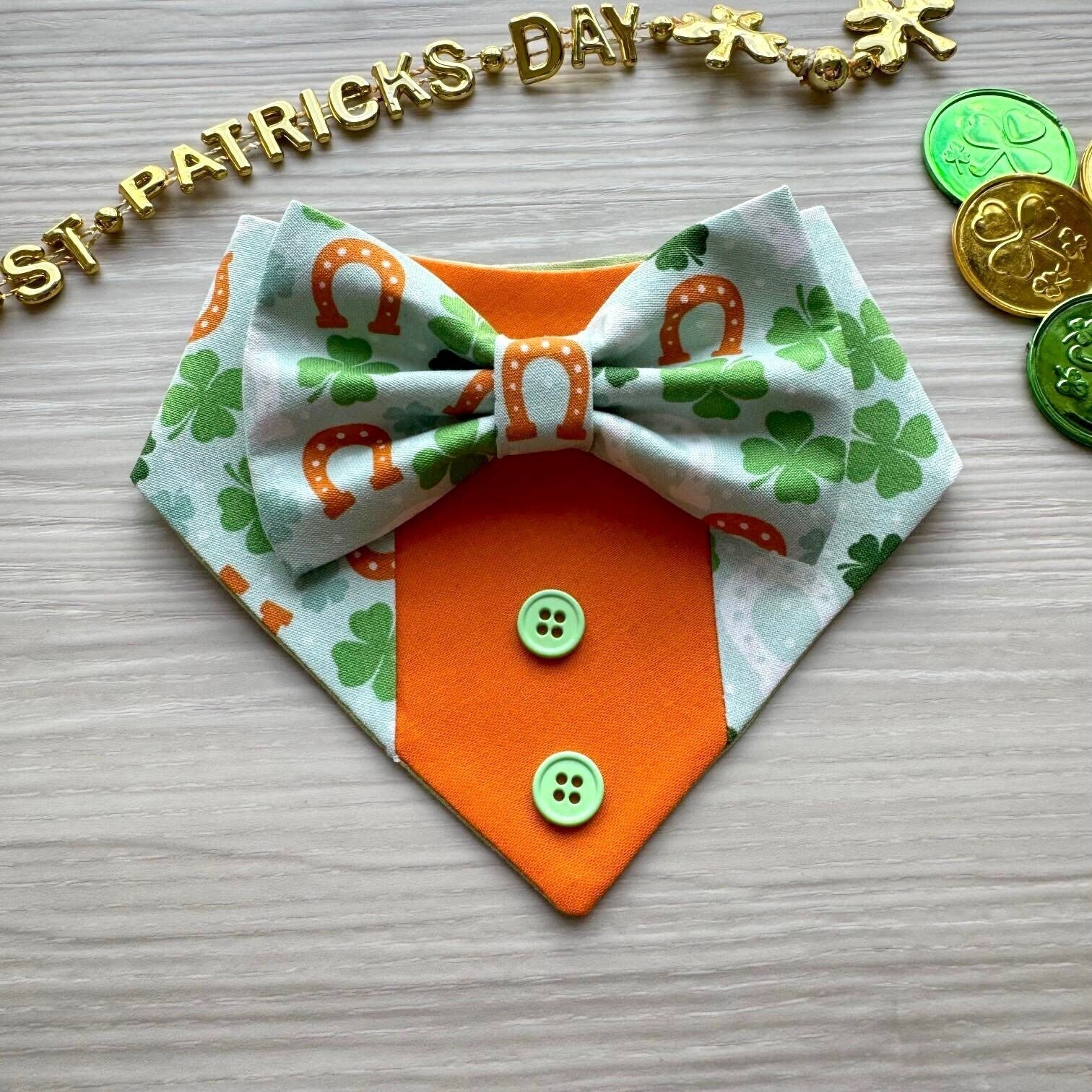St. Patrick Dog Tuxedo Bandana, Horseshoes orange