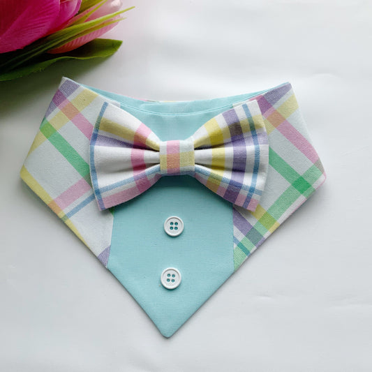 Spring Dog Tuxedo Bandana, Plaid with blue