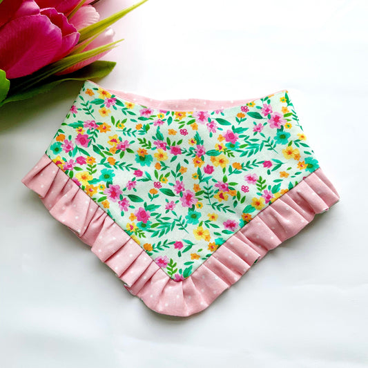 Spring Dog bandana with ruffles, Pink floral