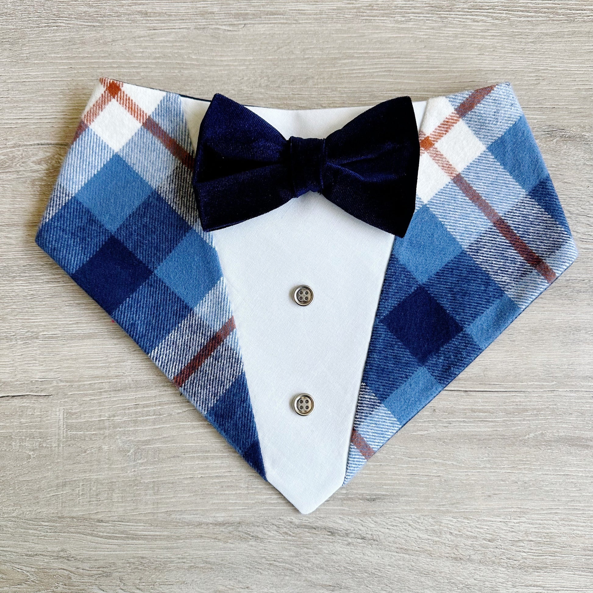 Fall Plaid Dog Bandana Tuxedo, Navy Velvet Bowtie