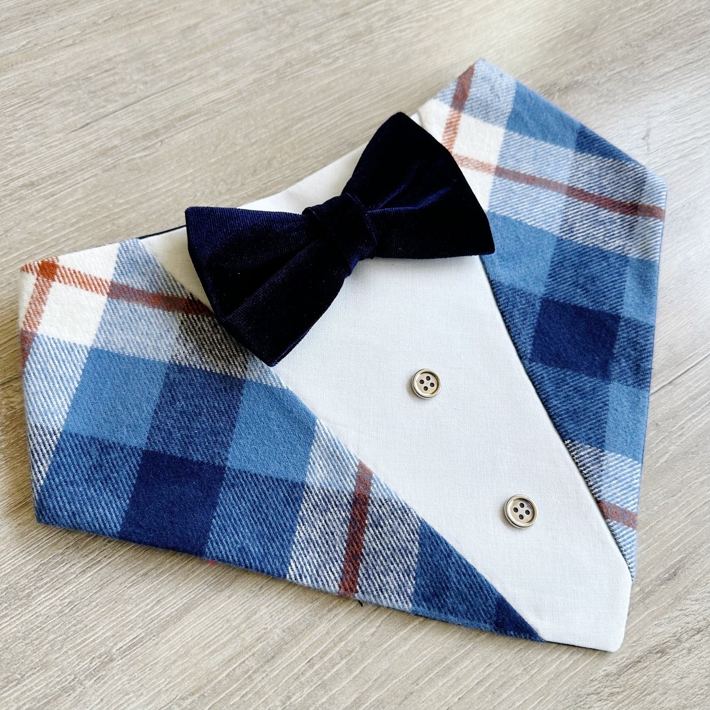 Fall Plaid Dog Bandana Tuxedo, Navy Velvet Bowtie
