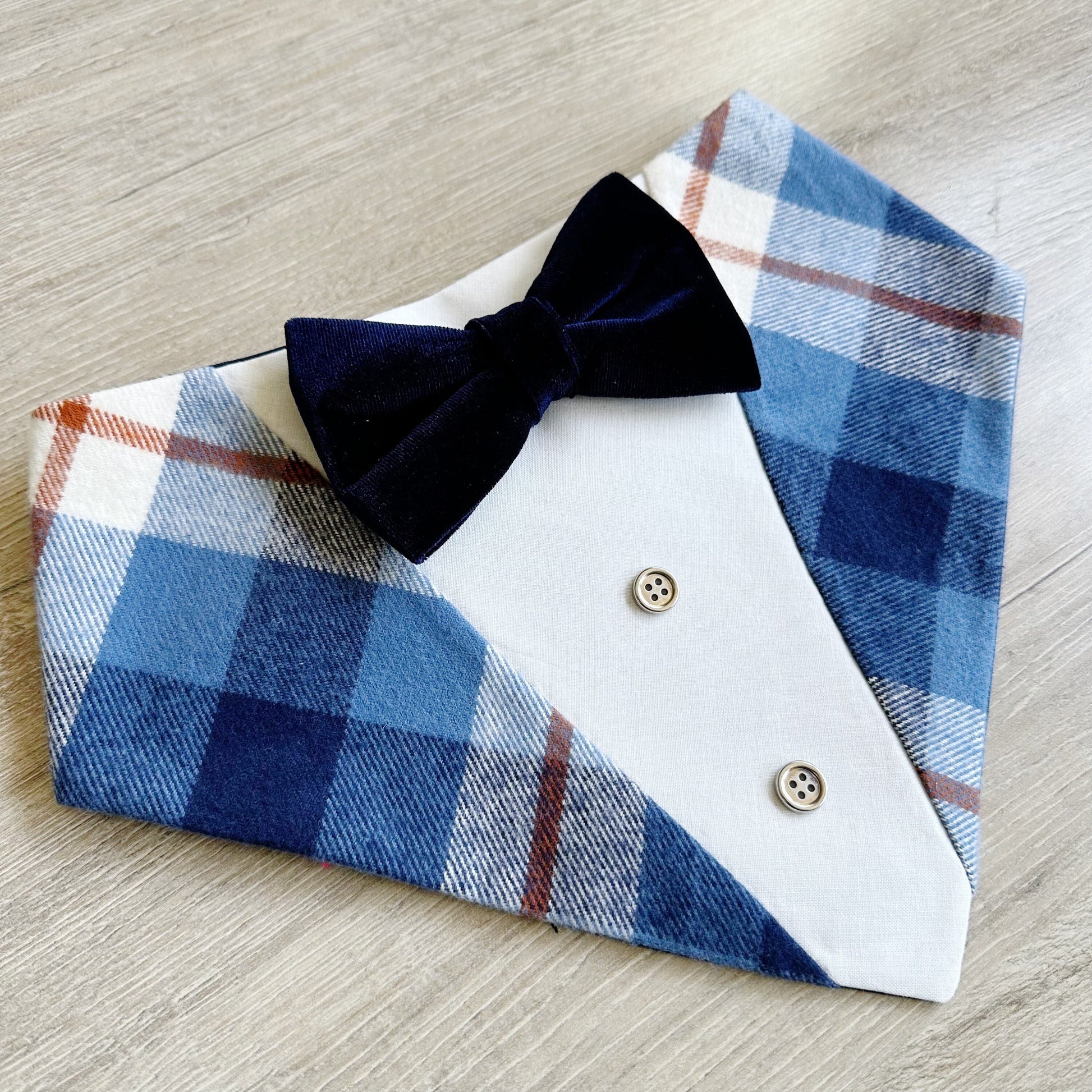 Fall Plaid Dog Bandana Tuxedo, Navy Velvet Bowtie