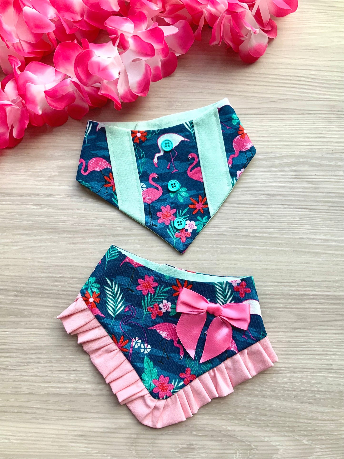 Tropical Leaf and flamingo Dog Bandana with Ruffle, Tropical dog accessories, Hawaiian pet scarf