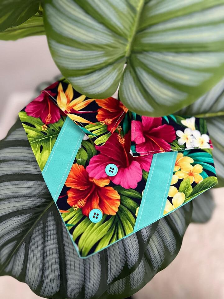 Teal Hawaiian Floral Dog Bandana with Snaps