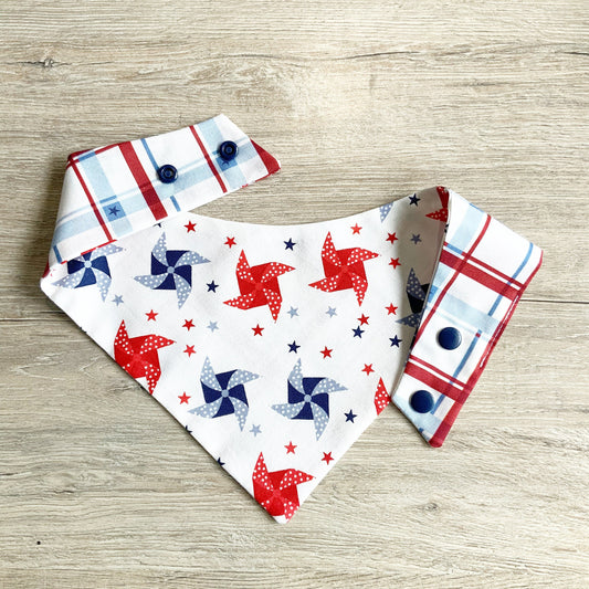 Patriotic Dog Bandana, Pinwheel USA Pet Scarf, Snap-On, Over the Collar